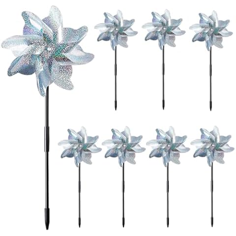 HADEEONG 21 Inches Silver Reflective Pinwheels with Stakes, Foil Pin Wheels Windmill Wind Spinners Outdoor Garden Lawn Yard Decor Scare Birds Away Garden Pinwheels 8 Packs Cover