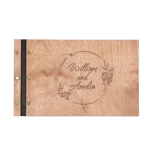 Enjoy The Wood Personalized Wooden Photo Album with Engraving - Handmade Scrapbook Album - Custom Memory Book for Wedding, Family & Special Moments - Photo Book Best Gift for Couple (Wreath)