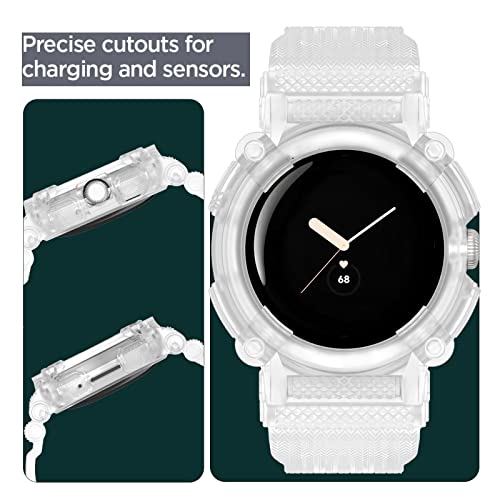 AYCQ Compatible For Google Pixel Watch Band Clear With Bumper Case Pixel Watch Bands With Protector Case CoverHeavy Duty Sport Military Drop-Proof Tpu Tactical Pixel Watch Strap Women Men
