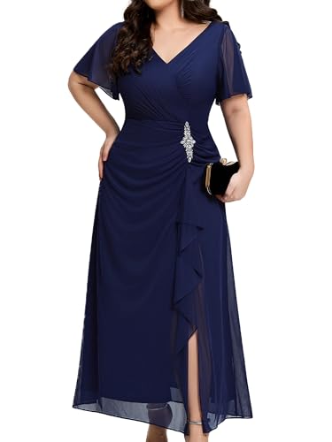 Robe de mère de la mariée bleu marine maxi col V manches courtes taille 54
