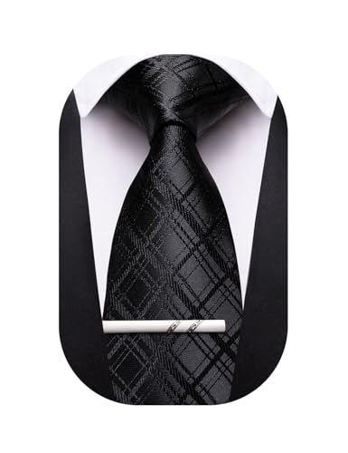 Image of Barry.Wang Plaid Ties Mens Silk Necktie and Tie Clip Checkered Tie for Wedding Party Business Formal