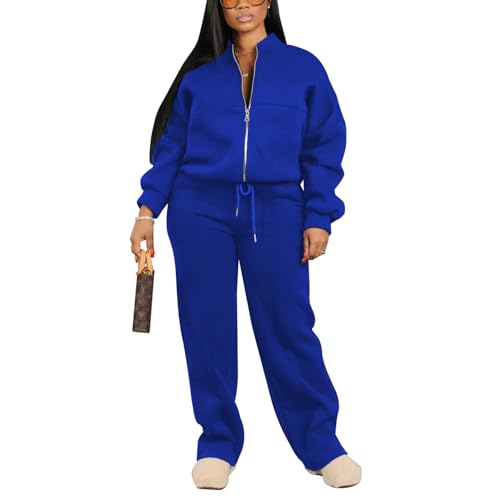 PINSV Women's 2 Piece Outfits Sweatsuits Full Zip Sweatshirts Wide Leg Sweatpant Set Tracksuit Blue XL