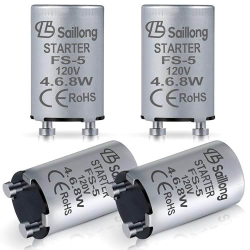 Saillong 4 Pack Upgraded Aluminum Housing Fluorescent Starter with 4-40W Preheat Lamps, CE Certified Fluorescent Tube Neon Starter Use in 110-130V (Compatible with FS-5)