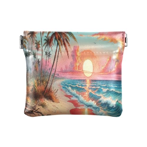 Watercolor Sunset Beach Coin Purse Leather Pouch Change Purse, Squeeze Coin Pouch for Cards, Keys & Lipsticks, Unisex