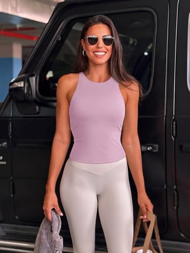 Image of LASLULU Womens High Neck Workout Tank Tops with Built in Bra Strappy Back | Low to Medium Impact,Longline Halter Neck Sports Bra,Fitted Compression,Padded Athletic Yoga Running Gym Pilates Tank Tops