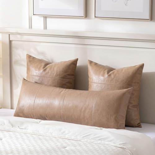 Image of Fancy Homi Tan Long Lumbar Waterproof Faux Leather Body Decorative Throw Pillow Cover 14x36 Inch for Bedroom Couch Bed Bench, Beige Hand Stitched Cushion Case, Taupe Modern Farmhouse Room Decor