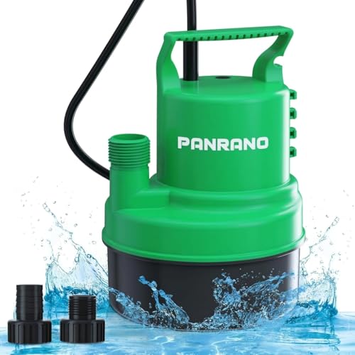PANRANO 1/3 HP Submersible Water Pump 2000 GPH Portable Small Sump Pump For Pool Cover, Basements, Puddles, Gardens Ponds With 16.4 Ft Power Cord and Hose Adapters, Blue
