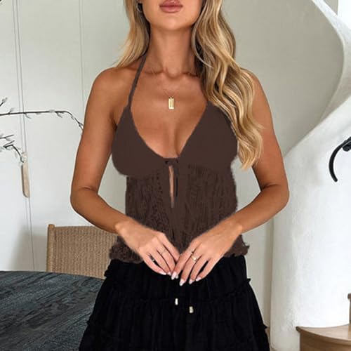 RUEWEY Women Y2K Lace Shirt Halter Neck Deep V Neck Crop Top Tie Front Sleeveless Strappy Cami Shirt Streetwear3