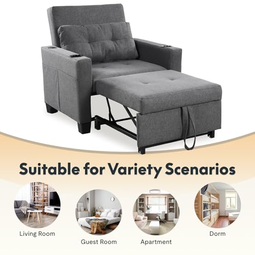 Image of FLEXISPOT XCT2 Sleeper Chair Bed, Sofa Bed Chair 3 in 1 w /USB Port, Pillow, Cup Holders, Convertible Pull Out Bed W /Adjustable Backrest for Living Room Apartment Small Space, Grey