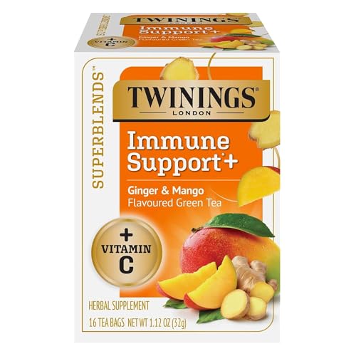 Image of Twinings Superblends Immune Support+ Herbal Tea with Vitamin C, Ginger & Mango Flavoured Green Tea, 16 Tea Bags (Pack of 1), Enjoy Hot or Iced