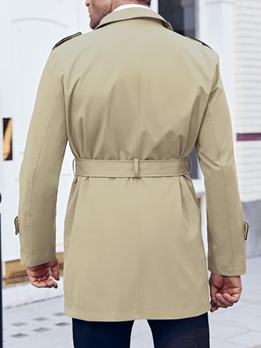 Image of Makkrom Men's Trench Coat Slim fit Double Breasted Notched Lapel Belted Windbreaker Long Jacket Casual Windproof Overcoat