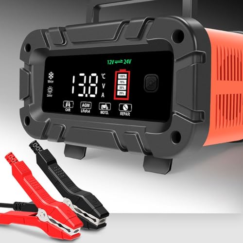 12V/24V Smart Battery Charger,10A LiFePO4 Lead Acid Fully Automatic Maintainer,Portable Car Trickle Charger with Large Display Battery Repair Function,Perfect for AGM,STD,Gel,Deep Cycle Battery