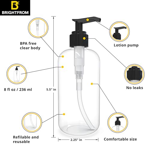 BRIGHTFROM Empty Lotion Pump Bottles 8 Oz, Refillable Plastic Containers, BPA-Free PETE1, Clear, Great for - Soap, Shampoo, Lotions, Liquid Body Soap, Creams and Massage Oil's (Pack of 2, Black)2