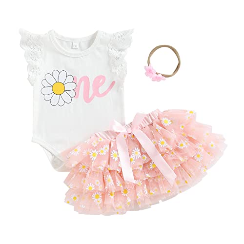 First Birthday Baby Girl Outfit One Print Romper Onsie Tutu Dress Shorts Bloomers 1st Birthday Girl Outfit (Daisy One Tutu Dress,12-18 Months)