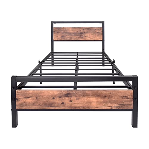 Image of HOJINLINERO Metal Bed Frame Twin with Wood Headboard,No Box Spring,Brown