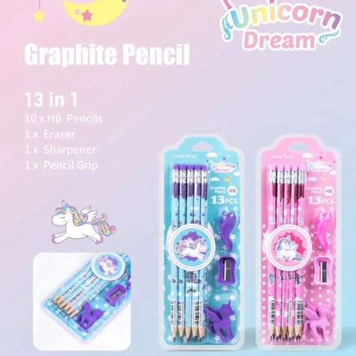 Image of Crackles Shiny Glittery Unicorn Theme Wood Thick Strong 10 Pc Pencils with Erasers on top, Sharpener, Eraser and a Pencil Grip Gift Set For Kids, boys and Girls (Assorted Print, pack of 12)