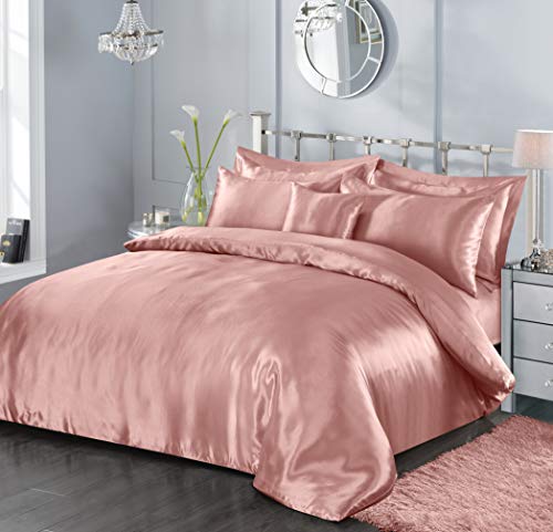 5 Piece Satin Sheets Super Soft Shiny Bedding Sets 1 x Duvet Cover 1 x Fitted Bed Sheet 2 x Pillow Cases 1 x Cushion Cover Full Complete Bed Set (Blush Pink Single)