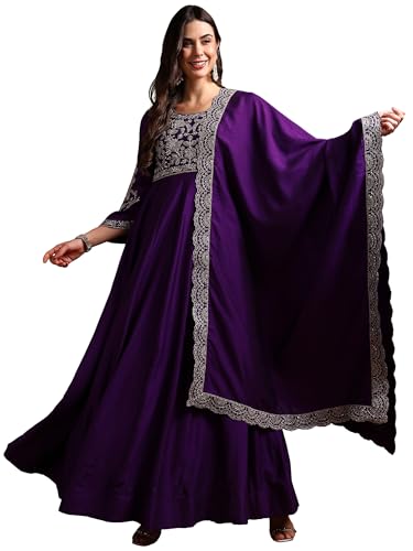 Image of Vaamsi Women's Solid Anarkali Embroidered Kurta With Dupatta