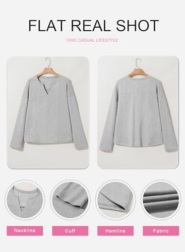 SHEWIN Womens Sweatshirt Early Fall Fashion Long Sleeve V Neck Sweatshirts Trendy Soft Fall Tops for Women 2025 Gray Medium