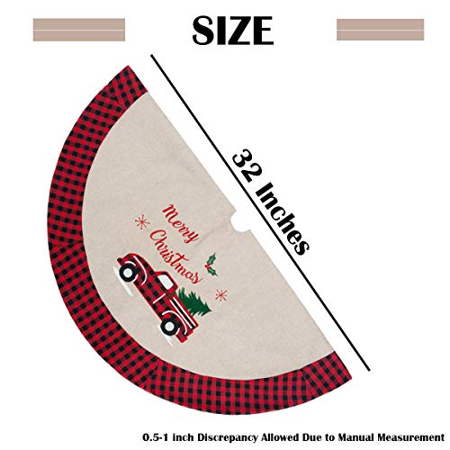 GMOEGEFT Christmas Tree Skirt Burlap with Buffalo Check Trim Rustic Truck and Tree Applique Xmas Home Decoration Ornaments (32 Inches) - Thumbnail 7