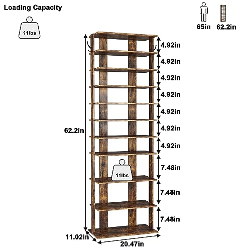 HOMEFORT 10-Tier Vertical Shoe Rack, Corner Shoe Tower, Double Rows 10 Tiers Shoe Shelf, Slim Shoe Storage Unit for 20 Pairs of Shoes, Shoe Stand for Entryway, Hallway, Closet (Rustic Brown)