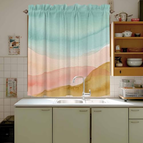 Evamona カーテン カフェカーテン 小窓用 100×110cm 省エネ 目隠し UVカット 防寒 保温 省エネ 洗える 目隠し 間仕切り 喫茶店 洗面所 廊下 トイレ 部屋 店舗飾り モランディ色の水彩 シンプル モダン