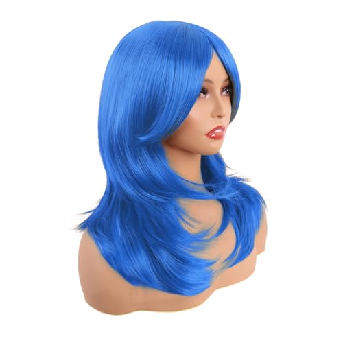 Image of MapofBeauty 20 Inch /50 cm Long Layered With Bangs Straight Synthetic fiber Shoulder Length Hair Party Wig (Bright Blue)