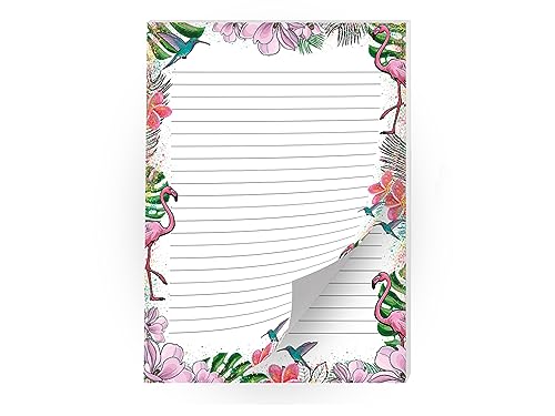 2 Motiv Schreibblöcke Briefpapier liniert für Mädchen Kinder Schule Tropen Flamingo (1 Block bunt und 1 Block zum Ausmalen A4 mit je 25 Blättern)