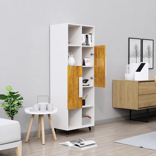 Image of Bniture Bookshelf for Home | Engineered Wood Book Shelf with 2 Door & 6 Shelf | Open Book Shelf Stand for Library | Multipurpose Display Organizer for Living Room & Study | Frosty White & Giant Wood