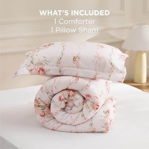 Image of Bedsure Comforter Set Twin Size - Cute Floral Bedding Comforter Set, 2 Pieces, 1 Soft Reversible Pink Dogwood Garden Flowers Comforter and 1 Pillow Sham