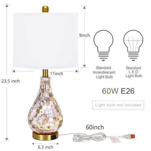 TPAMSWO Modern Coastal Table Lamps Set of 2, Natural Mother of Pearl Tiles 23.5" Bedside Lamp, for Bedroom Living Room Home Nightstand Table Lamp(with USB C+A 5V 2.1A Charging Ports) - Image 6