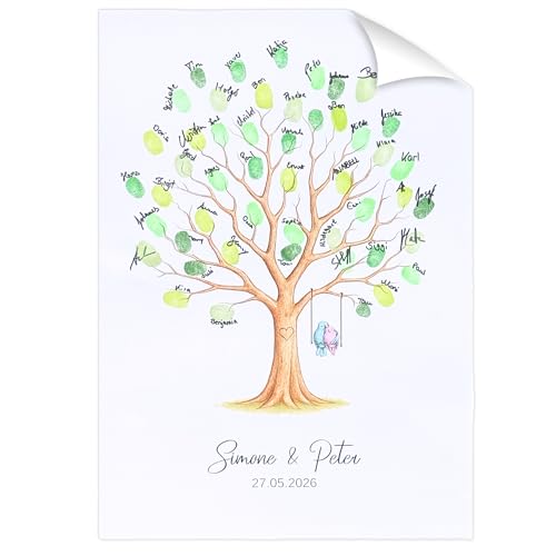 KATINGA Poster zur Hochzeit – Bild für Fingerabdrücke mit Baum - Personalisiert – Hochzeitsbaum – Gästebuch als Geschenkidee (A3 personalisiert)