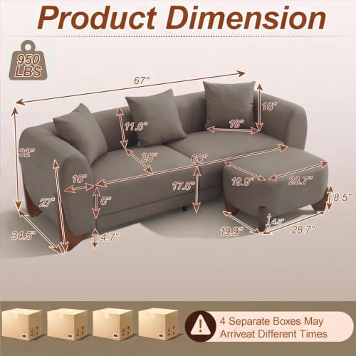 Image of 87 inch Faux Leather Cloud Couch with Ottoman, Modern 3 Seater Sofa with Solid Wood Legs 25 inch Extra Deep Seat Comfy Thick Cushion Upholstered Sofa Couches with 3 Pillows for Living Room, Tan