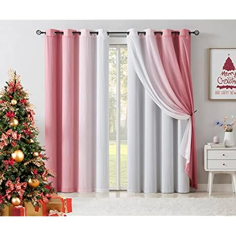 White Blackout Window Curtains for Kids Room 95 Inch Length Mix & Match Double Layers Grommet Curtain Panels Pink Ombre Sheers Overlay 90% Room Darkening Thermal Drapes for Patio, 52" w 4 Pieces Cover