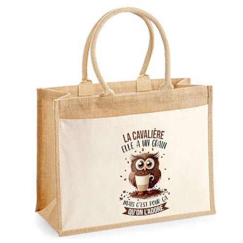 Sac en jute avec grande pochette avant motif Chouette grain
