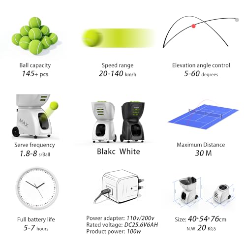 PUSUN PT-MAX C Professional Smart Tennis Ball Machine | APP Controlled 28-Point Programming | 5-7Hr Ultra Battery | 20-140km/h Variable Speed | 150 Ball Capacity | Portable Training Solution (White) - Thumbnail 2