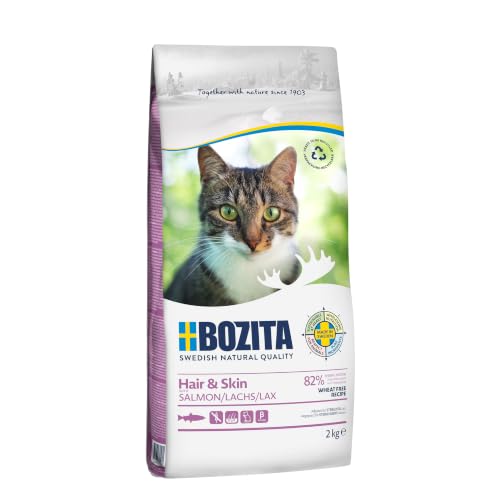 Bozita Hair & Skin Katzentrockenfutter mit Lachs – 2 kg – weizenfreies Trockenfutter für Sensible Erwachsene Katzen – 34 % Protein, 10 % Fett – für Haut & Fell – ohne Zucker & Gentechnik