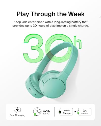 Image of Belkin SoundForm Mini - Wireless Bluetooth Headphones for Kids with 30H Battery Life, 85dB Safe Volume Limit, Built-in Microphone - Kids On-Ear Earphones for iPhone, iPad, Fire Tablet & More - Mint