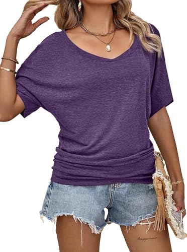 Image of Hilinker Womens Sexy Off The Shoulder Tops Short Batwing Sleeve T Shirt Oversized Casual Tee