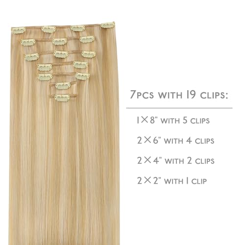 Image of WENNALIFE Clip in Human Hair Extensions, 16 Inch 120g 7pcs Light Blonde Highlighted Golden Blonde Hair Extensions Clip In Human Hair Remy Real Human Hair Double Weft