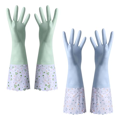 2 pares de guantes de limpieza para lavavajillas con forro azul multiusos guantes para el hogar guantes largos reutilizables guantes de goma verde antideslizantes para cocina, baño, jardín pintura
