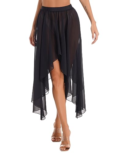 winying Gonna avvolgente da donna in chiffon, classica, da ballo, asimmetrica, gonna a pieghe per ballerina latina, salsa tango rumba, Nero , Taglia unica