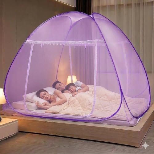 Image of Premium Mosquito Net for King Size Double Bed (6X 6 Feet), Easy Foldable Machardani with Corrosion Resistant PVC Coated Steel Frame, 30GSM 50 Denier Mesh (Full Purple)