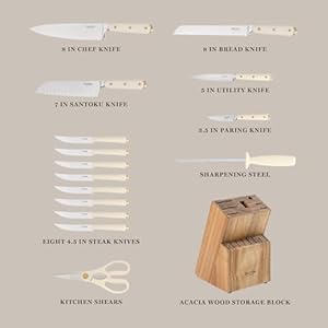 Martha Stewart 16 Piece Lockton High Carbon Stainless Steel Cutlery Kitchen Knife Block Set W/ABS Tripe Riveted Forged Handle Acacia Wood Block - Linen White W/Gold Martha Stewart 16 Piece Lockton High Carbon Stainless Steel Cutlery Kitchen Knife Block Set WABS Tripe Riveted Forged Handle Acacia Wood Block Linen White WGold