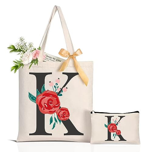 Floral Initial Canvas Tote Bag for Women Bridesmaid Gifts - Personalized Monogrammed Beach Bags for Holiday, Wedding