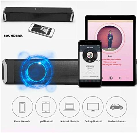 Newrixing NR-2017 Soundbar connecting wirelessly to a smartphone and tablet via Bluetooth.