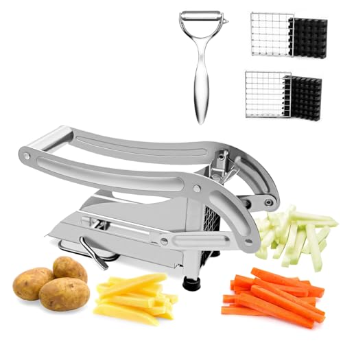 HALNKSZDDD Pommes Frites-Schneider, Edelstahl-Kartoffelschneider mit Anti-Rutsch, Gemüseschneider, 2 Edelstahlklingen und 2 Schälern HALNKSZDDD Pommes Frites-Schneider, Edelstahl-Kartoffelschneider mit Anti-Rutsch, Gemüseschneider, 2 Edelstahlklingen und 2 Schälern