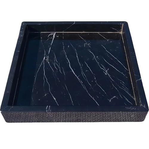 Square Natural Marble Vanity Tray: Luxury 8x8 Polished Organizer for Bathroom Kitchen Dresser Makeup Jewelry Coffee Table Home Decor, Black