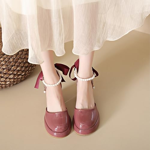 Women's Platform Chunky Heels Closed Round Toe Pumps with Bow Pearl Ankle Strap Fashion Sexy Party Banquet Dress Pumps3