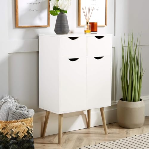 Home Source Sideboard Storage Cabinet, 2 Door, 2 Drawer Cupboard, Solid Wood Legs, White, Scandi Style
